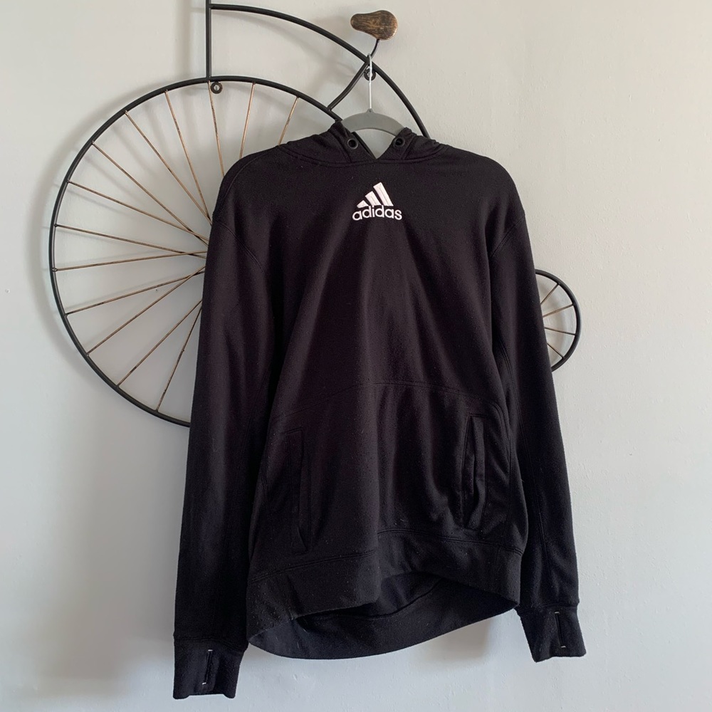 ADIDAS black large athletic hoodie! Lightly worn not faded and very warm!